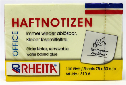 RHEITA Haftnotizen, gelb, 50 x 75 mm, 100 Blatt, foliert