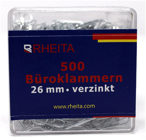 RHEITA Büroklammern 26 mm, vernickelt, 500 Stück in Klarsichtbox