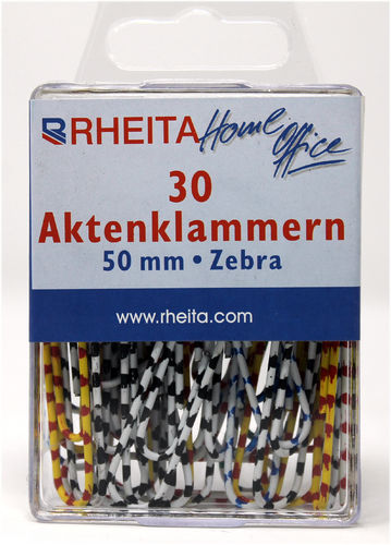 RHEITA Aktenklammern 50 mm, "Zebra" Design, 30 Stück in in Klarsichtbox