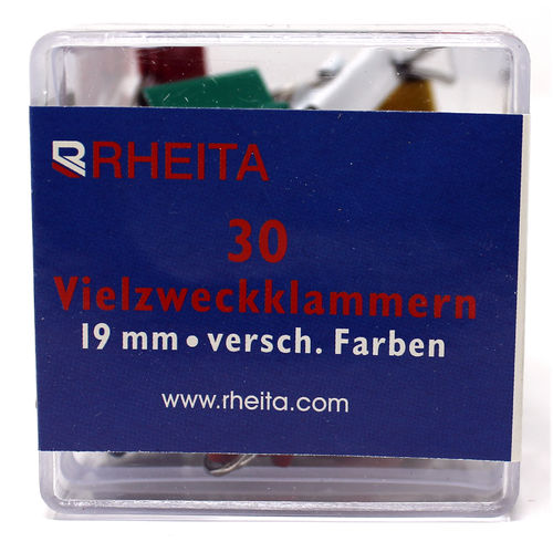 RHEITA Foldback-Klammern 19 mm, farblich sortiert, 30 Stück in Klarsichtbox