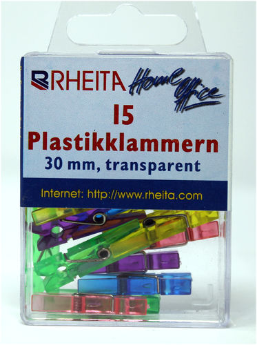 RHEITA Plastikklammern 30 mm, farblich transparent sortiert, 15 Stück in Klarsichtbox
